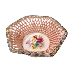 Vintage Porcelain Reticulated Bowl, Lattice Weave, Dresden Roses
